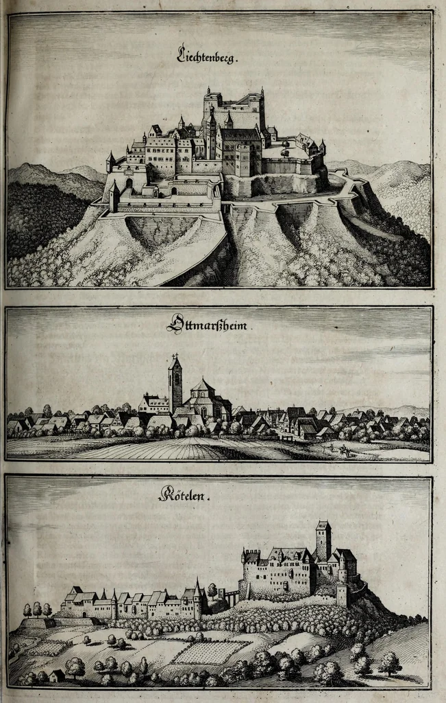 An illustration from Topographia Alsatiæ, &c. : das ist, Beschreibung vnnd eygentliche Abbildung der vornehmbsten Stätt vnd Oerther, in Obern vnd Untern Elsass, auch den benachbarten Gundgöw, Graffschafft Mümpelgart, vnnd andern Gegenden, 1644, leaf 203