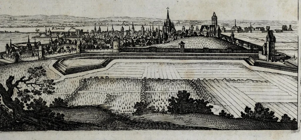 An illustration from Topographia Archiepiscopatuvm Moguntinensis, Treuirensis, et Coloniensis : das ist, Beschreibung der vornembsten Stätt vnd Plätz in denen Ertzbistumen Maÿnz, Trier, vnd Cöln, 1646, leaf 25