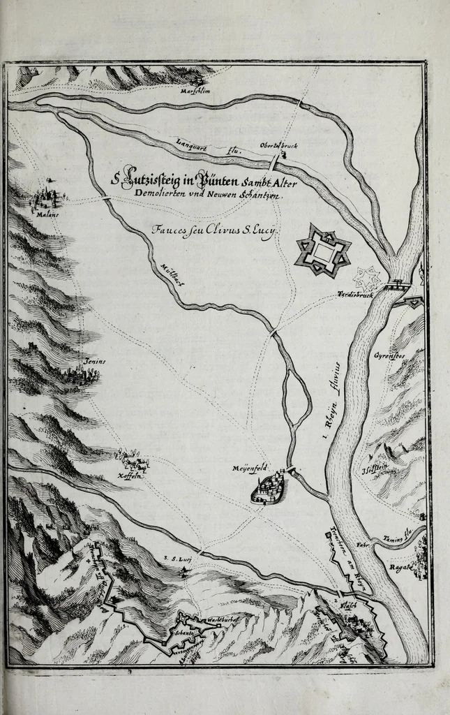 An illustration from Topographia Helvetiæ, Rhætiæ et Valesiæ : das ist, Beschreibung vnnd eygentliche Abbildung der vornemsten Stätte vnd Plätze in der hochlöblichen Eydgnossschafft, Graubündten, Wallis, vnd etlicher zugewandten Orthen, 1654, leaf 383