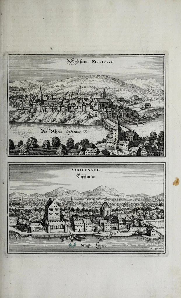 An illustration from Topographia Helvetiæ, Rhætiæ et Valesiæ : das ist, Beschreibung vnnd eygentliche Abbildung der vornemsten Stätte vnd Plätze in der hochlöblichen Eydgnossschafft, Graubündten, Wallis, vnd etlicher zugewandten Orthen, 1654, leaf 55