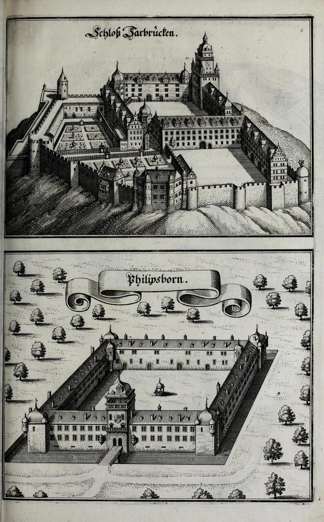 An illustration from Topographia Palatinatus Rheni et vicinarum regionum : das ist, Beschreibung vnd eigentliche Abbildungen der vornemsten Statte V. Plätz der Vntern Pfaltz am Rhein vnd benachbarten Landschaften, als der Bistumer Wormbs vnd Speÿer, der Bergstrass, des Westerreichs, Hundrücks, Zweÿbrüggen, etc. : sampt einer Zugabe ettlicher des, H. Röm. Reichs zu dem Ober Reinischen Cräyss gezogenen ständen, als Bisantz, Metz, Tull, Verdun, Lothringen, Savoyen, etc, 1645, leaf 161