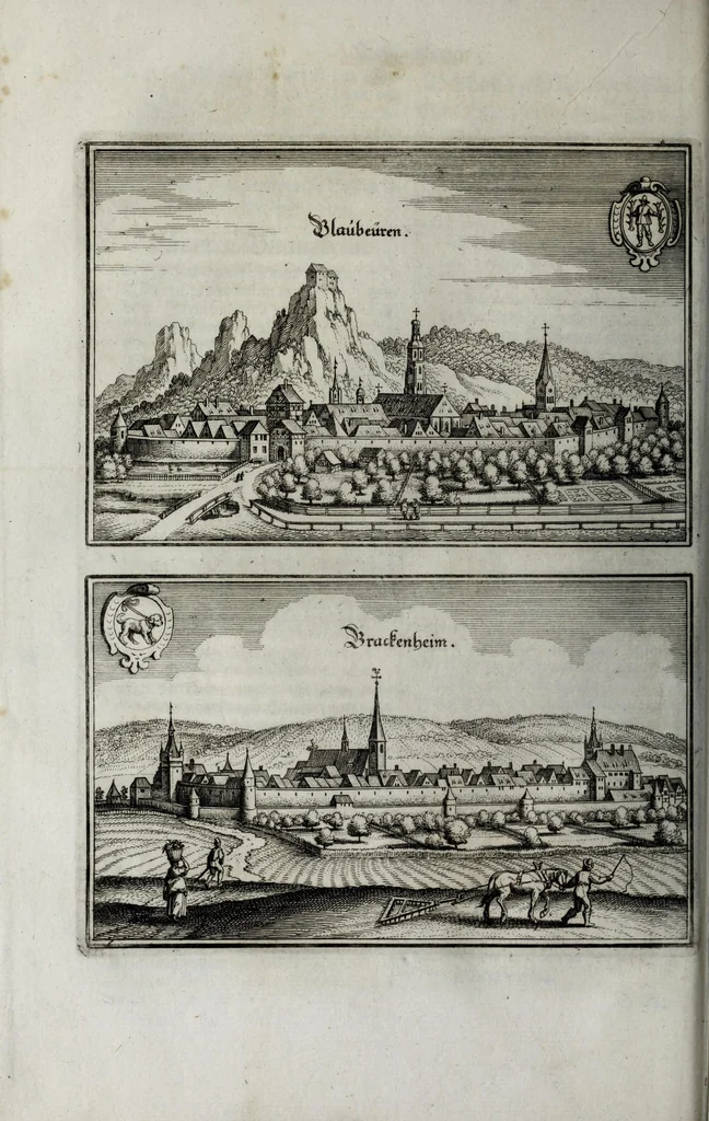 An illustration from Topographia Sveviæ : das ist, Beschreib. vnd aigentliche Abcontrafeitung der fürnembstẽ Stätt vnd Plätz in Ober vnd Nider Schwaben, Hertzogthum Würtenberg, Marggraffschafft Baden, vnd andern zu dem hochlöbl. Schwabischen Craisse gehörigen Landschafften vnd Orten, 1660, leaf 102