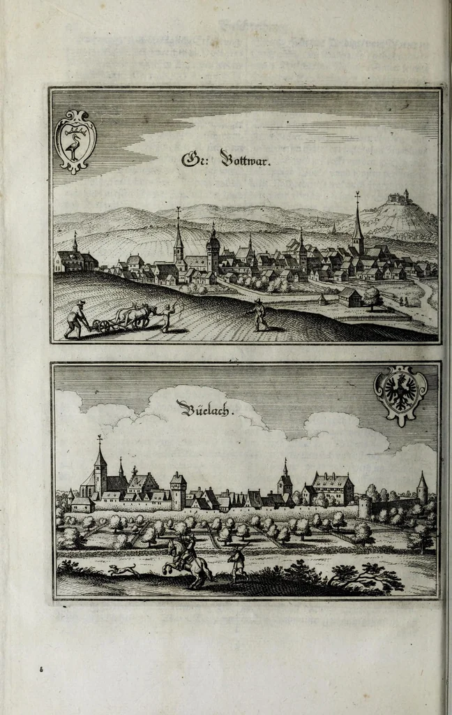 An illustration from Topographia Sveviæ : das ist, Beschreib. vnd aigentliche Abcontrafeitung der fürnembstẽ Stätt vnd Plätz in Ober vnd Nider Schwaben, Hertzogthum Würtenberg, Marggraffschafft Baden, vnd andern zu dem hochlöbl. Schwabischen Craisse gehörigen Landschafften vnd Orten, 1660, leaf 110