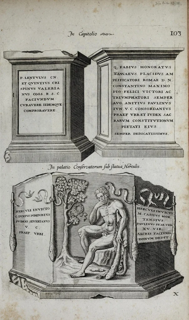 An illustration from Topographia urbis Romæ, das ist eigentliche, Beschreibung der Stadt Rom : sampt allen antiquitäten, Pallästen, Amphitheatris oder Schauplätzen, Obeliscis, Pyramiden, Lustgärten, Bildern, Begräbnüssen, oberschrifften und vergleichen, so in und umb der Stadt Rom gefunden, und in vier Tagen ordentlich beschauet und gesehen werden können, 1681, leaf 145