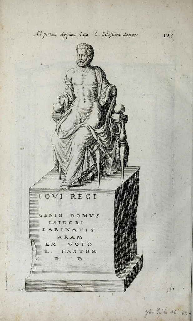 An illustration from Topographia urbis Romæ, das ist eigentliche, Beschreibung der Stadt Rom : sampt allen antiquitäten, Pallästen, Amphitheatris oder Schauplätzen, Obeliscis, Pyramiden, Lustgärten, Bildern, Begräbnüssen, oberschrifften und vergleichen, so in und umb der Stadt Rom gefunden, und in vier Tagen ordentlich beschauet und gesehen werden können, 1681, leaf 160