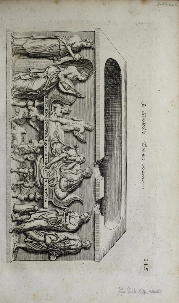 An illustration from Topographia urbis Romæ, das ist eigentliche, Beschreibung der Stadt Rom : sampt allen antiquitäten, Pallästen, Amphitheatris oder Schauplätzen, Obeliscis, Pyramiden, Lustgärten, Bildern, Begräbnüssen, oberschrifften und vergleichen, so in und umb der Stadt Rom gefunden, und in vier Tagen ordentlich beschauet und gesehen werden können, 1681, leaf 173