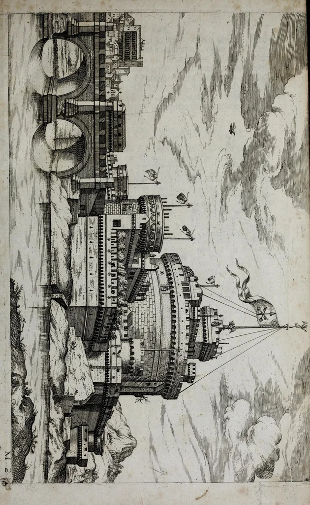 An illustration from Topographia urbis Romæ, das ist eigentliche, Beschreibung der Stadt Rom : sampt allen antiquitäten, Pallästen, Amphitheatris oder Schauplätzen, Obeliscis, Pyramiden, Lustgärten, Bildern, Begräbnüssen, oberschrifften und vergleichen, so in und umb der Stadt Rom gefunden, und in vier Tagen ordentlich beschauet und gesehen werden können, 1681, leaf 19