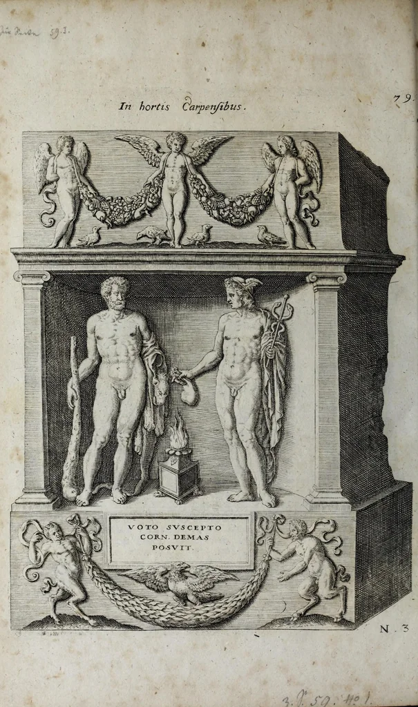 An illustration from Topographia urbis Romæ, das ist eigentliche, Beschreibung der Stadt Rom : sampt allen antiquitäten, Pallästen, Amphitheatris oder Schauplätzen, Obeliscis, Pyramiden, Lustgärten, Bildern, Begräbnüssen, oberschrifften und vergleichen, so in und umb der Stadt Rom gefunden, und in vier Tagen ordentlich beschauet und gesehen werden können, 1681, leaf 254