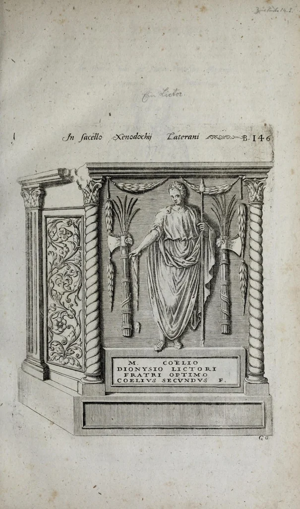 An illustration from Topographia urbis Romæ, das ist eigentliche, Beschreibung der Stadt Rom : sampt allen antiquitäten, Pallästen, Amphitheatris oder Schauplätzen, Obeliscis, Pyramiden, Lustgärten, Bildern, Begräbnüssen, oberschrifften und vergleichen, so in und umb der Stadt Rom gefunden, und in vier Tagen ordentlich beschauet und gesehen werden können, 1681, leaf 51