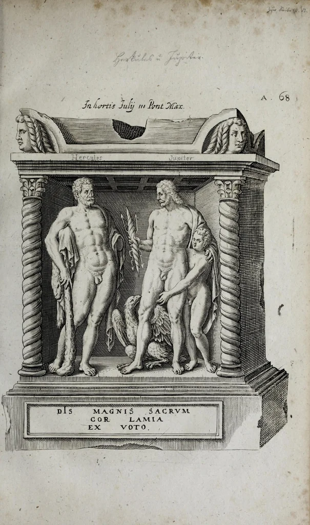 An illustration from Topographia urbis Romæ, das ist eigentliche, Beschreibung der Stadt Rom : sampt allen antiquitäten, Pallästen, Amphitheatris oder Schauplätzen, Obeliscis, Pyramiden, Lustgärten, Bildern, Begräbnüssen, oberschrifften und vergleichen, so in und umb der Stadt Rom gefunden, und in vier Tagen ordentlich beschauet und gesehen werden können, 1681, leaf 61
