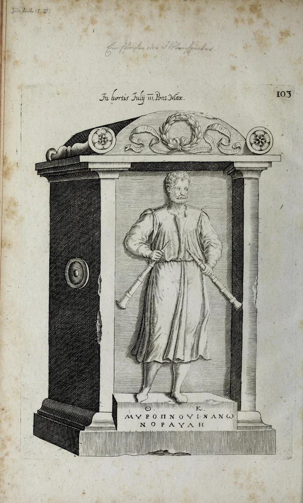 An illustration from Topographia urbis Romæ, das ist eigentliche, Beschreibung der Stadt Rom : sampt allen antiquitäten, Pallästen, Amphitheatris oder Schauplätzen, Obeliscis, Pyramiden, Lustgärten, Bildern, Begräbnüssen, oberschrifften und vergleichen, so in und umb der Stadt Rom gefunden, und in vier Tagen ordentlich beschauet und gesehen werden können, 1681, leaf 64