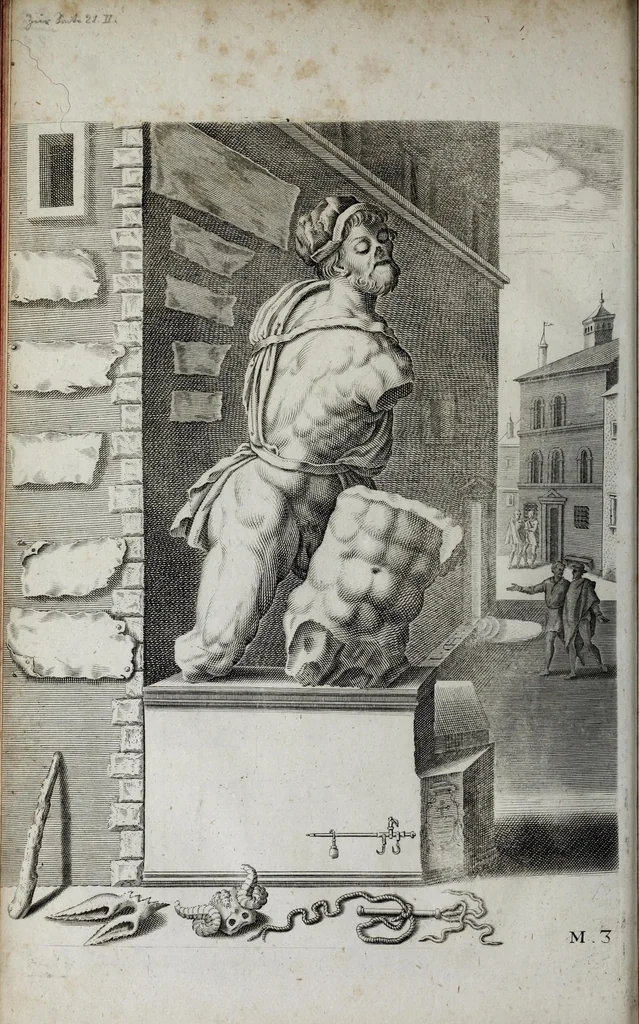 An illustration from Topographia urbis Romæ, das ist eigentliche, Beschreibung der Stadt Rom : sampt allen antiquitäten, Pallästen, Amphitheatris oder Schauplätzen, Obeliscis, Pyramiden, Lustgärten, Bildern, Begräbnüssen, oberschrifften und vergleichen, so in und umb der Stadt Rom gefunden, und in vier Tagen ordentlich beschauet und gesehen werden können, 1681, leaf 90