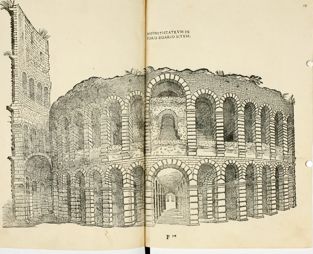 An illustration from Torelli Saraynae Veronensis leg. doct. De origine et amplitudine ciuitatis Veronæ : eiusdem de viris illustribus antiquis veronensibus, de his, qui potiti fuerunt dominio ciuitatis Veronæ, de monumentis antiquis vrbis, & agri veronensis, de interpretatione litterarum antiquarum : index præterea huius operis in calce additus est, 1540, leaf 37