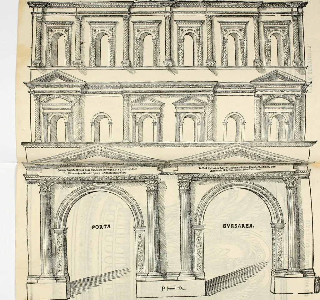 An illustration from Torelli Saraynae Veronensis leg. doct. De origine et amplitudine ciuitatis Veronæ : eiusdem de viris illustribus antiquis veronensibus, de his, qui potiti fuerunt dominio ciuitatis Veronæ, de monumentis antiquis vrbis, & agri veronensis, de interpretatione litterarum antiquarum : index præterea huius operis in calce additus est, 1540, leaf 48