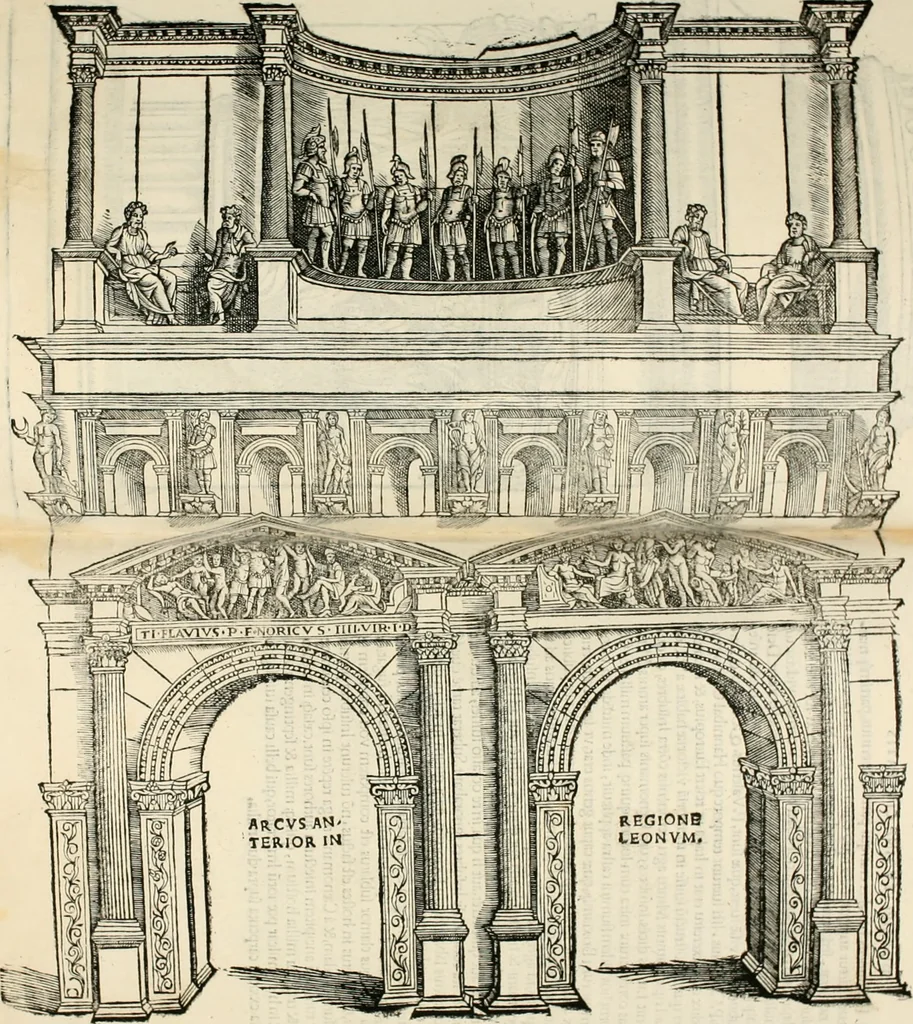 An illustration from Torelli Saraynae Veronensis leg. doct. De origine et amplitudine ciuitatis Veronæ : eiusdem de viris illustribus antiquis veronensibus, de his, qui potiti fuerunt dominio ciuitatis Veronæ, de monumentis antiquis vrbis, & agri veronensis, de interpretatione litterarum antiquarum : index præterea huius operis in calce additus est, 1540, leaf 56