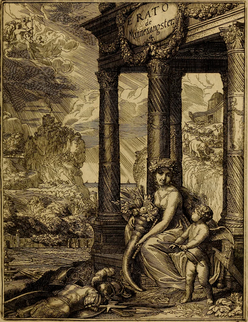 An illustration from Inleyding tot de hooge schoole der schilderkonst : anders de zichtbaere werelt : verdeelt in negen leerwinkels, yder bestiert door eene der zanggodinnen : ten hoogsten noodzakelijk, tot onderwijs, voor alle die deeze edele, vrye, en hooge konst oeffenen, of met yver zoeken te leeren, of anders eenigzins beminnen, 1678, leaf 156