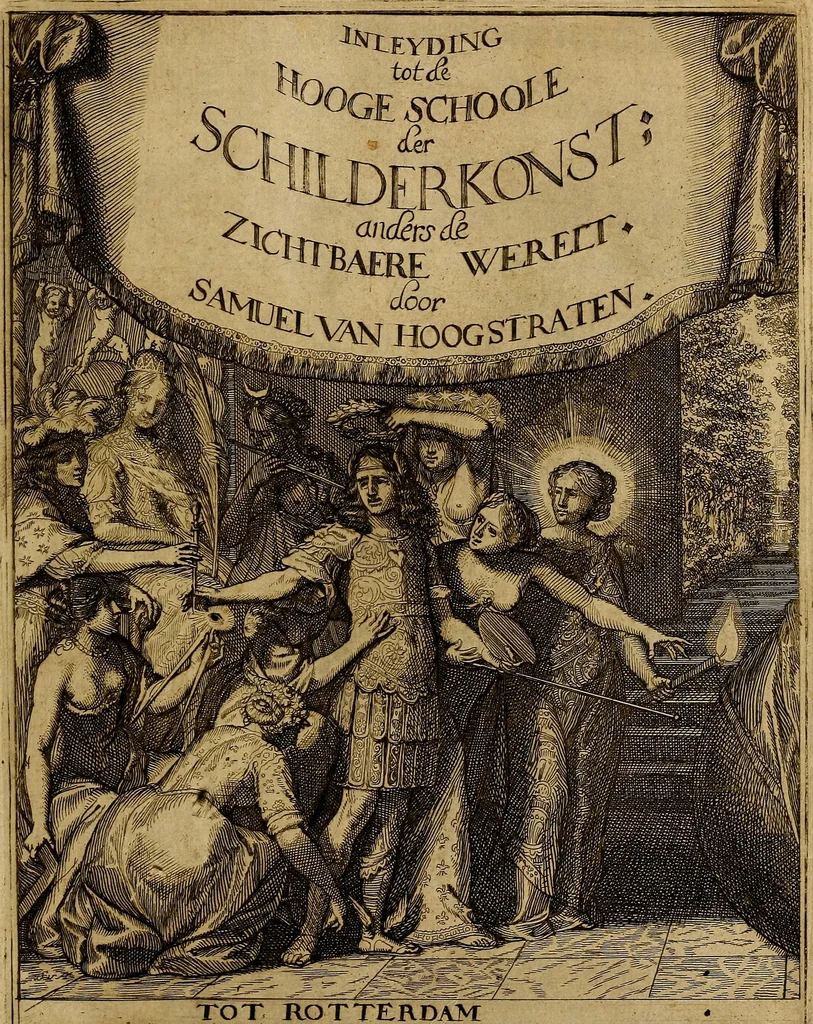 An illustration from Inleyding tot de hooge schoole der schilderkonst : anders de zichtbaere werelt : verdeelt in negen leerwinkels, yder bestiert door eene der zanggodinnen : ten hoogsten noodzakelijk, tot onderwijs, voor alle die deeze edele, vrye, en hooge konst oeffenen, of met yver zoeken te leeren, of anders eenigzins beminnen, 1678, leaf 2