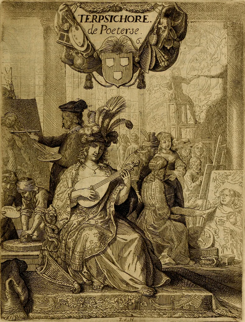 An illustration from Inleyding tot de hooge schoole der schilderkonst : anders de zichtbaere werelt : verdeelt in negen leerwinkels, yder bestiert door eene der zanggodinnen : ten hoogsten noodzakelijk, tot onderwijs, voor alle die deeze edele, vrye, en hooge konst oeffenen, of met yver zoeken te leeren, of anders eenigzins beminnen, 1678, leaf 252