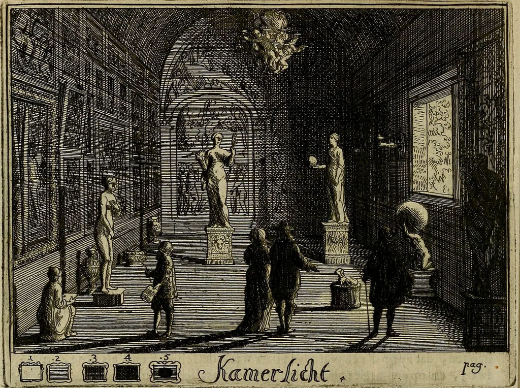 An illustration from Inleyding tot de hooge schoole der schilderkonst : anders de zichtbaere werelt : verdeelt in negen leerwinkels, yder bestiert door eene der zanggodinnen : ten hoogsten noodzakelijk, tot onderwijs, voor alle die deeze edele, vrye, en hooge konst oeffenen, of met yver zoeken te leeren, of anders eenigzins beminnen, 1678, leaf 313