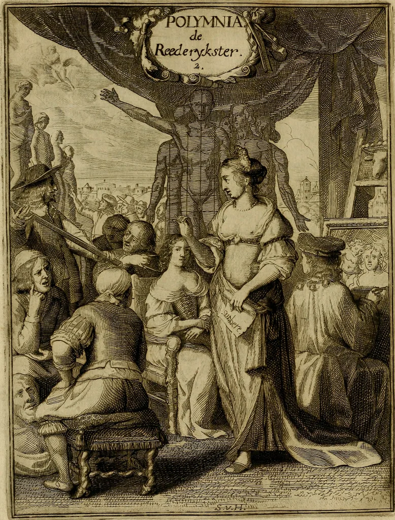 An illustration from Inleyding tot de hooge schoole der schilderkonst : anders de zichtbaere werelt : verdeelt in negen leerwinkels, yder bestiert door eene der zanggodinnen : ten hoogsten noodzakelijk, tot onderwijs, voor alle die deeze edele, vrye, en hooge konst oeffenen, of met yver zoeken te leeren, of anders eenigzins beminnen, 1678, leaf 59