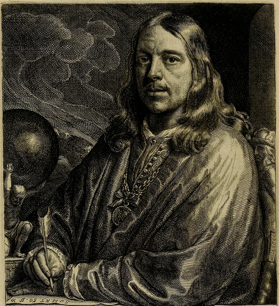 An illustration from Inleyding tot de hooge schoole der schilderkonst : anders de zichtbaere werelt : verdeelt in negen leerwinkels, yder bestiert door eene der zanggodinnen : ten hoogsten noodzakelijk, tot onderwijs, voor alle die deeze edele, vrye, en hooge konst oeffenen, of met yver zoeken te leeren, of anders eenigzins beminnen, 1678, leaf 9