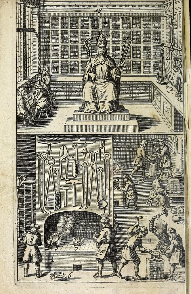 An illustration from A touch-stone for gold and silver wares. Or, a manual for goldsmiths, and all other persons, whether buyers, sellers, or wearers of any manner of goldsmiths work... Together with the several statutes now in force for regulating abuses committed in that craft. And the Charter of the Goldsmiths Incorporation taken from the Record and truly rendred into English. To which is annexed the laws in force against brass hilts, and brass buckles, etc. And directions for discovering the counterfeit coyn of this kingdom. And also a catalogue of the forraign coyns, with the particular weights, allay, and value of each coyn, 1677, leaf 6