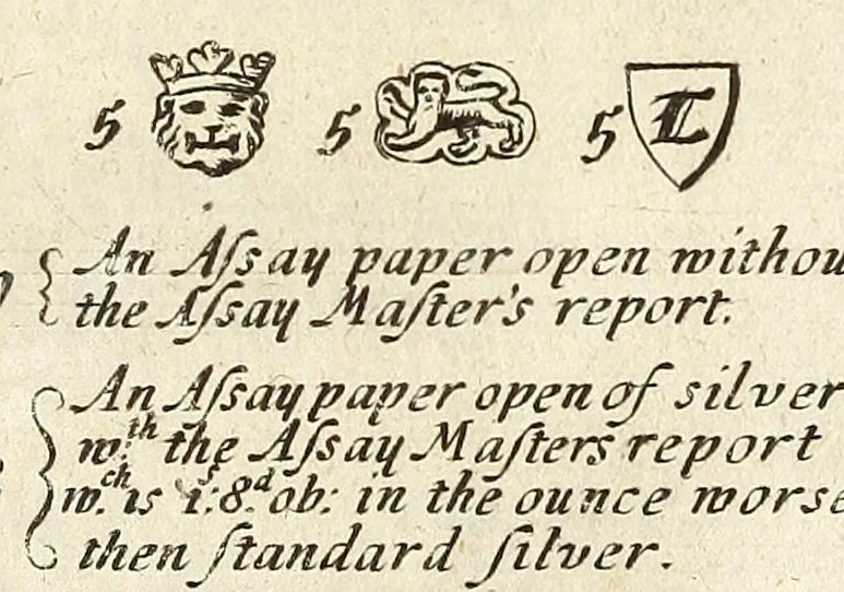 An illustration from A touch-stone for gold and silver wares. Or, a manual for goldsmiths, and all other persons, whether buyers, sellers, or wearers of any manner of goldsmiths work... Together with the several statutes now in force for regulating abuses committed in that craft. And the Charter of the Goldsmiths Incorporation taken from the Record and truly rendred into English. To which is annexed the laws in force against brass hilts, and brass buckles, etc. And directions for discovering the counterfeit coyn of this kingdom. And also a catalogue of the forraign coyns, with the particular weights, allay, and value of each coyn, 1677, leaf 73