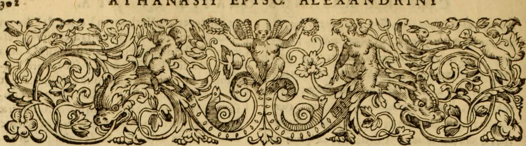 An illustration from Tou en agiois patros emon Athanasiou Archiepiskopou Alexandreias Ta euriskomena apanta. = B. Athanasii archiepiscopi Alexandrini Opera qvæ reperivntvr omnia, : in dvos tomos tribvta. Græce nunc primùm (ex Mss. Codd. Basil. Cantabrig. Palatm. & aliis) in lucem data, cum interpretatione Latine Petri Nannii ... Accesserunt fragmenta varia: notæ variarum lectionum: index triplex, 1601, leaf 317