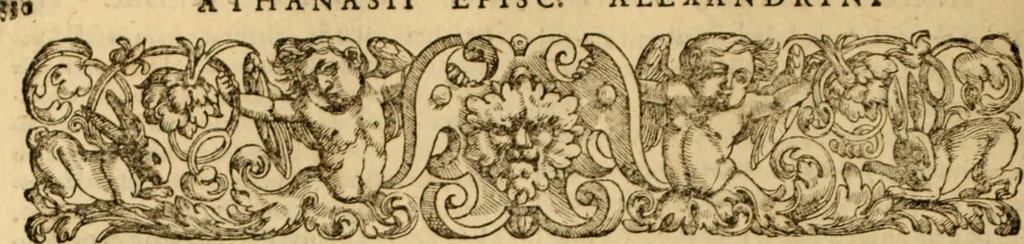 An illustration from Tou en agiois patros emon Athanasiou Archiepiskopou Alexandreias Ta euriskomena apanta. = B. Athanasii archiepiscopi Alexandrini Opera qvæ reperivntvr omnia, : in dvos tomos tribvta. Græce nunc primùm (ex Mss. Codd. Basil. Cantabrig. Palatm. & aliis) in lucem data, cum interpretatione Latine Petri Nannii ... Accesserunt fragmenta varia: notæ variarum lectionum: index triplex, 1601, leaf 345