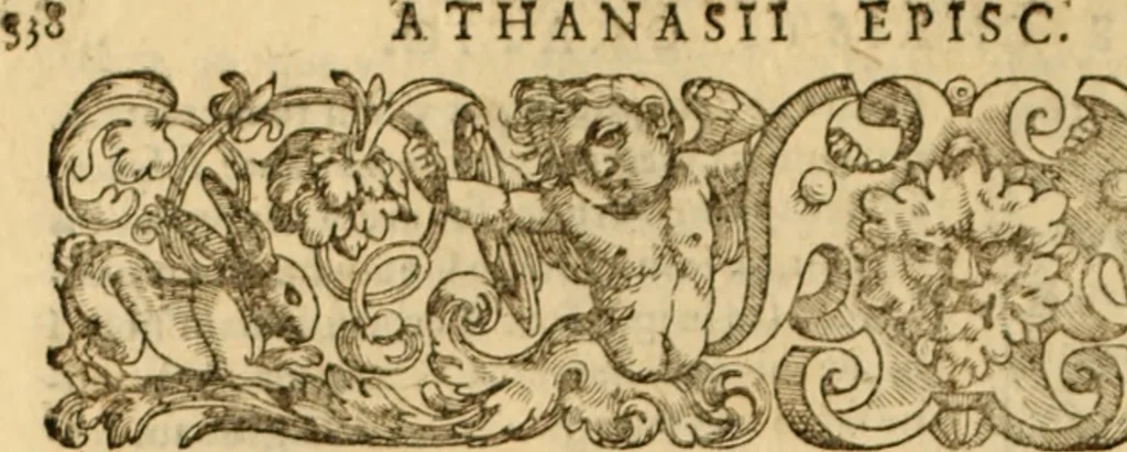 An illustration from Tou en agiois patros emon Athanasiou Archiepiskopou Alexandreias Ta euriskomena apanta. = B. Athanasii archiepiscopi Alexandrini Opera qvæ reperivntvr omnia, : in dvos tomos tribvta. Græce nunc primùm (ex Mss. Codd. Basil. Cantabrig. Palatm. & aliis) in lucem data, cum interpretatione Latine Petri Nannii ... Accesserunt fragmenta varia: notæ variarum lectionum: index triplex, 1601, leaf 353