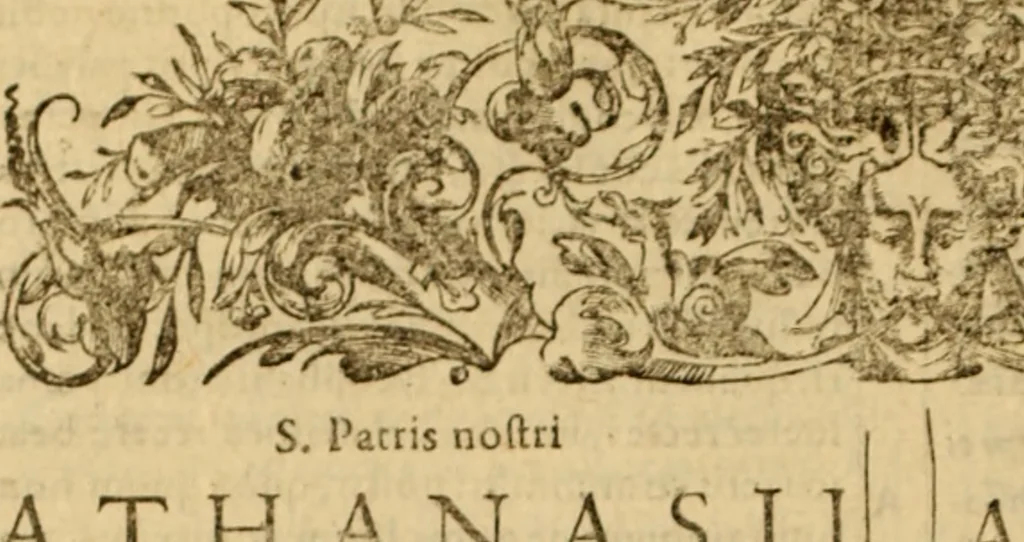 An illustration from Tou en agiois patros emon Athanasiou Archiepiskopou Alexandreias Ta euriskomena apanta. = B. Athanasii archiepiscopi Alexandrini Opera qvæ reperivntvr omnia, : in dvos tomos tribvta. Græce nunc primùm (ex Mss. Codd. Basil. Cantabrig. Palatm. & aliis) in lucem data, cum interpretatione Latine Petri Nannii ... Accesserunt fragmenta varia: notæ variarum lectionum: index triplex, 1601, leaf 639