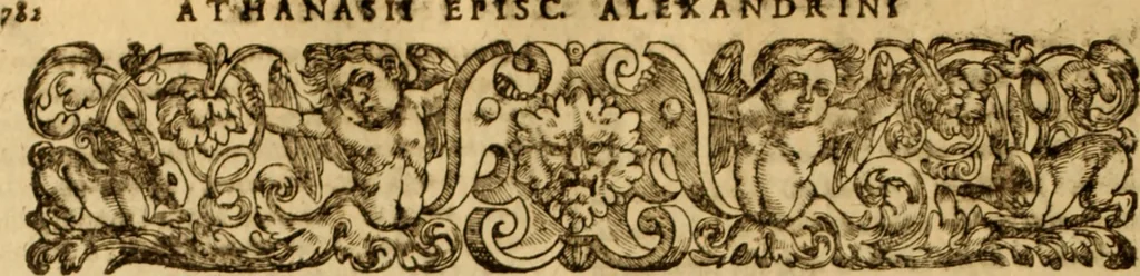 An illustration from Tou en agiois patros emon Athanasiou Archiepiskopou Alexandreias Ta euriskomena apanta. = B. Athanasii archiepiscopi Alexandrini Opera qvæ reperivntvr omnia, : in dvos tomos tribvta. Græce nunc primùm (ex Mss. Codd. Basil. Cantabrig. Palatm. & aliis) in lucem data, cum interpretatione Latine Petri Nannii ... Accesserunt fragmenta varia: notæ variarum lectionum: index triplex, 1601, leaf 795