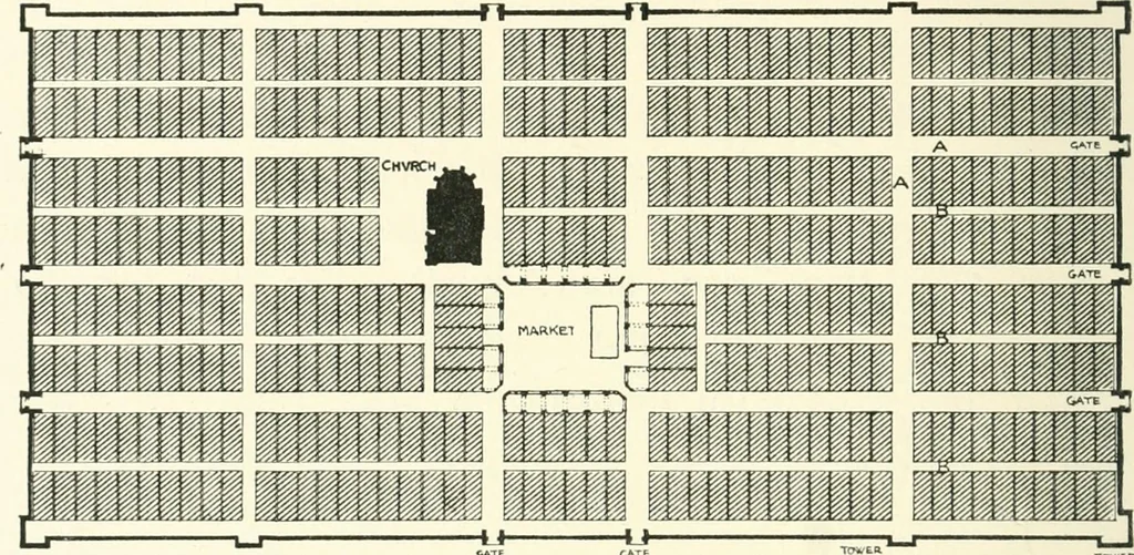 An illustration from Town planning, past, present and possible, 1911, leaf 105