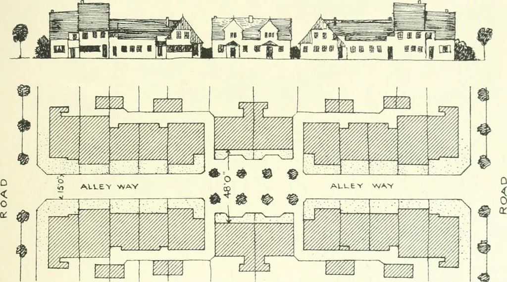 An illustration from Town planning, past, present and possible, 1911, leaf 216
