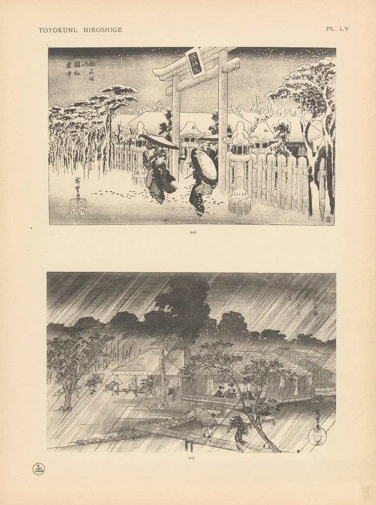 An illustration from Toyokuni, Hiroshigé : estampes japonaises tirées des collections de MM. Bing, Bouasse-Lebel, Bullier...et exposées au Musée des arts décoratifs en janvier 1914, 1914, leaf 101