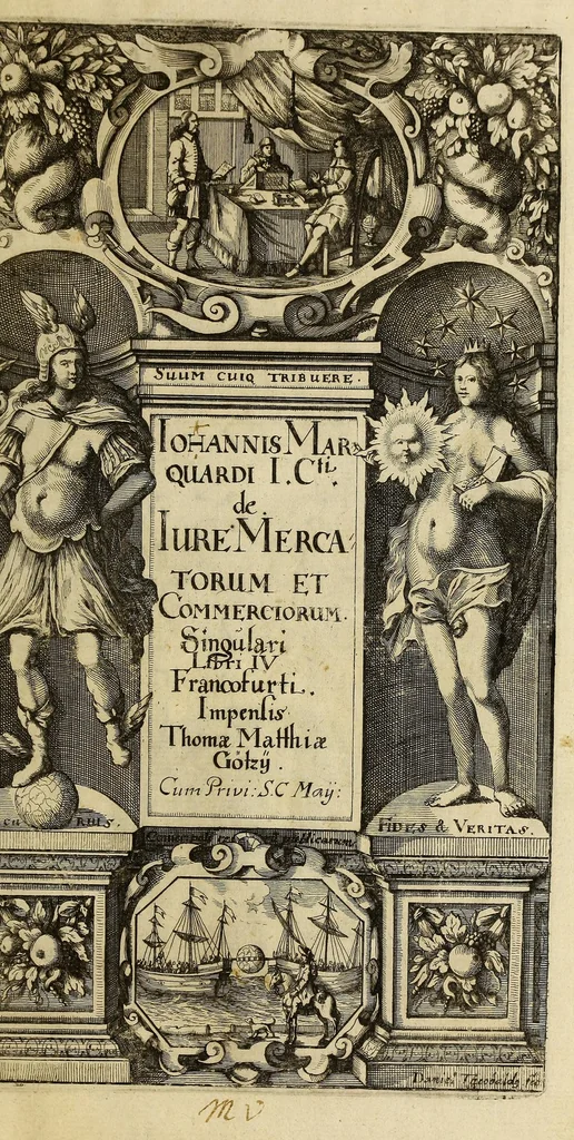 An illustration from Tractatus politico-juridicus de iure mercatorum et commerciorum singulari ... : Accesserunt in fine tractatus ipsa privilegiorum, constitutionum, statutorum, pactorum, &c. exemplaria, peculiari designatione, juxta seriem alphabeti, summis vigiliis atq[ue] impensis, in gratiam lectoris, passim conquisita, partim verò nunquam publicè visa., 1662, leaf 5