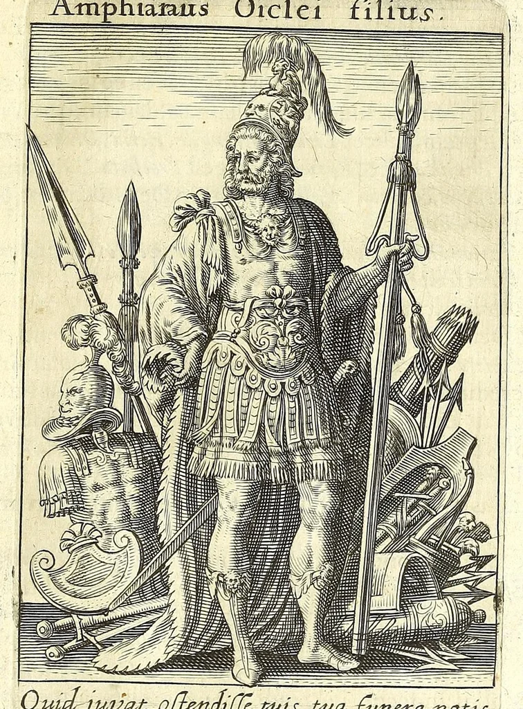 An illustration from Tractatus posthumus Jani Jacobi Boissardi Vesuntini De divinatione & magicis praestigiis : quarum veritas ac vanitas solidè exponitur per descriptionem deorum fatidicorum qui olim responsa dederunt : eorundemque prophetarum, sacerdotum, phoebadum, sybyllarum & divinorum, qui priscis temporibus celebres oraculis exstiterunt ; adjunctis simul omnium effigiebus, ab ipso autore e gemmis, marmoribus, tabulisq[ue] antiquis ad vivum delineatus : jam modo eleganter aeri incisis per Joh. Theodor. de Bry .., 1615, leaf 195