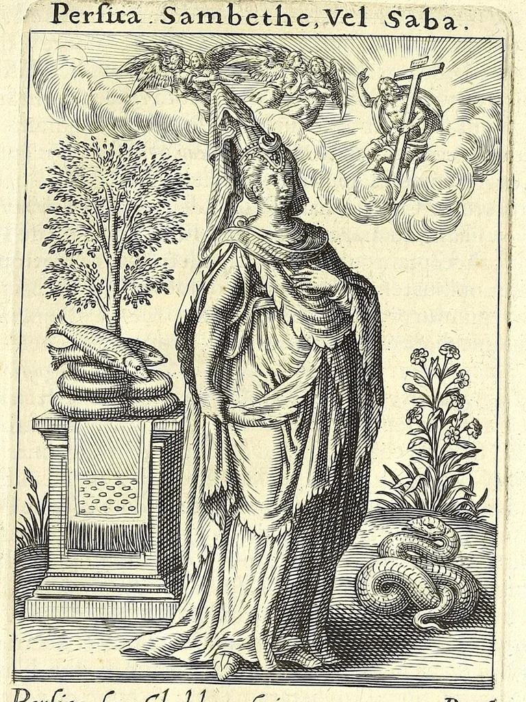 An illustration from Tractatus posthumus Jani Jacobi Boissardi Vesuntini De divinatione & magicis praestigiis : quarum veritas ac vanitas solidè exponitur per descriptionem deorum fatidicorum qui olim responsa dederunt : eorundemque prophetarum, sacerdotum, phoebadum, sybyllarum & divinorum, qui priscis temporibus celebres oraculis exstiterunt ; adjunctis simul omnium effigiebus, ab ipso autore e gemmis, marmoribus, tabulisq[ue] antiquis ad vivum delineatus : jam modo eleganter aeri incisis per Joh. Theodor. de Bry .., 1615, leaf 261