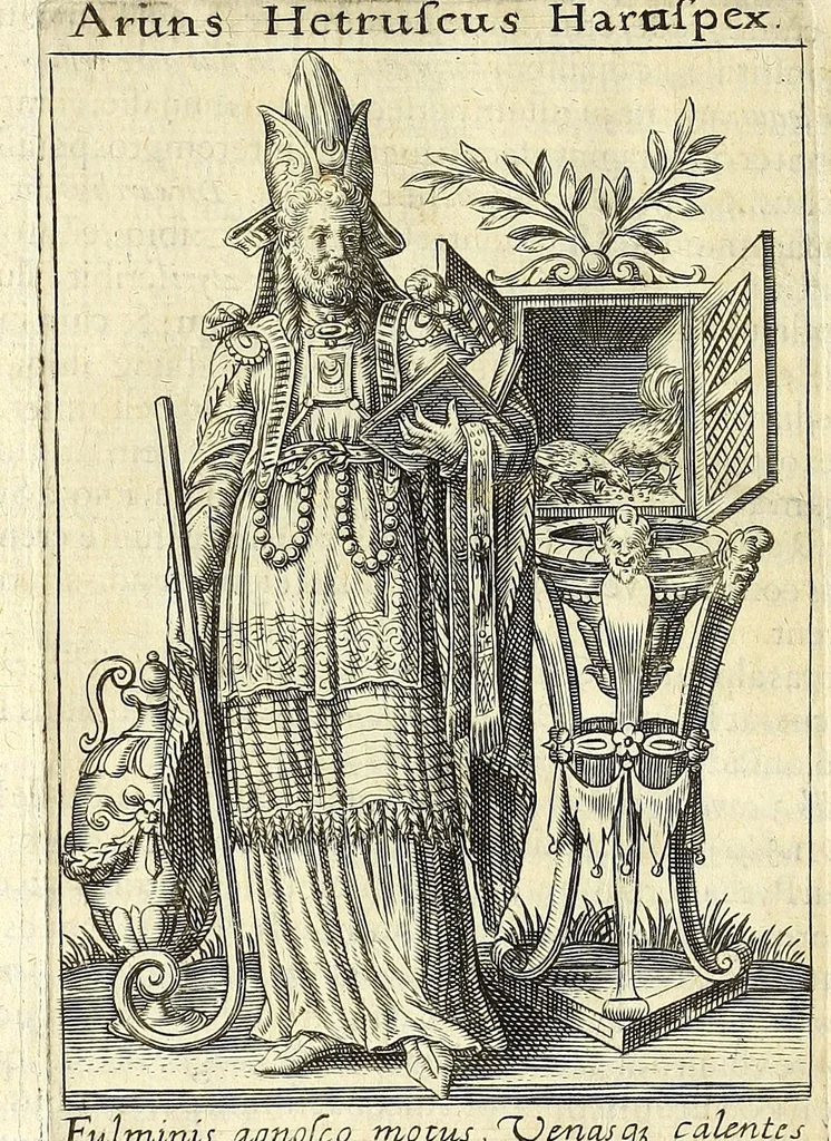 An illustration from Tractatus posthumus Jani Jacobi Boissardi Vesuntini De divinatione & magicis praestigiis : quarum veritas ac vanitas solidè exponitur per descriptionem deorum fatidicorum qui olim responsa dederunt : eorundemque prophetarum, sacerdotum, phoebadum, sybyllarum & divinorum, qui priscis temporibus celebres oraculis exstiterunt ; adjunctis simul omnium effigiebus, ab ipso autore e gemmis, marmoribus, tabulisq[ue] antiquis ad vivum delineatus : jam modo eleganter aeri incisis per Joh. Theodor. de Bry .., 1615, leaf 314