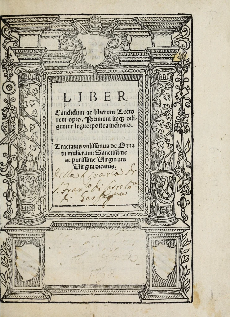 An illustration from Tractatus vtilissimus de ornatu mulierum : liber candidum ac liberum lectorem opto, primum itaq[ue] diligenter legito, postea iudicato, 1526, leaf 5