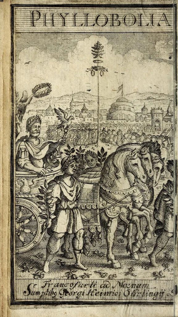 An illustration from Tractatvs de phyllobolia, seu, Florum et ramorum sparsione in sacris & civilibus rebus usitatissima : ubi varii ritus adducuntur, multa Scripturae loca illustrantur, & caeremoniarum in ingressu solenni principum origo fusè exhibetur : in fine denique dn. Dieterici Dissertatio de sparsione florum adjicitur, 1698, leaf 8