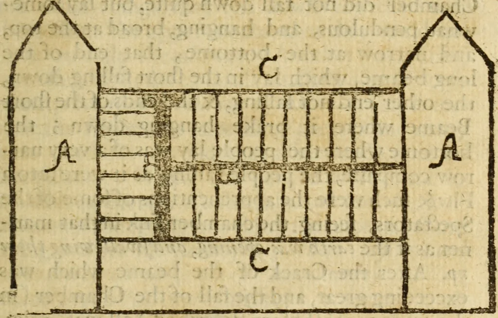 An illustration from Tragi-Comœdia. : being a brief relation of the strange, and wonderfull hand of God discovered at Witny, in the comedy Acted there February the third, where there were some slaine, many hurt, with severall other remarkable passages. ; Together with what was preached in three sermons on that occasion from Rom. 1.18. ; Both which may serve as some check to the growing atheisme of the present age., 1653, leaf 18