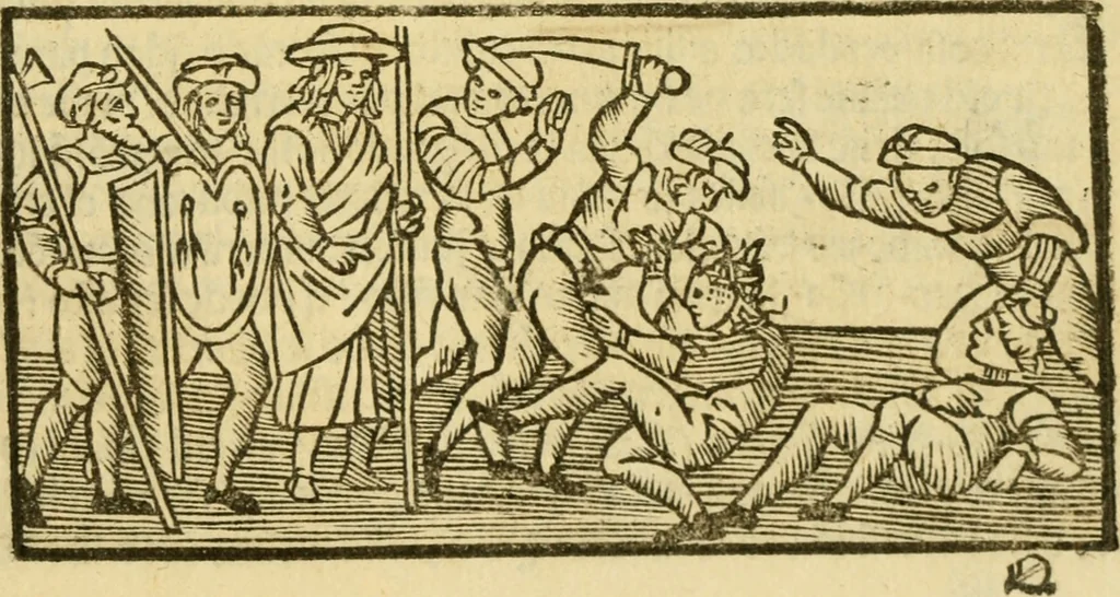 An illustration from Tragicomedia de Calisto y Melibea : en la qual se contiene de mas de su agradable y dulce estilo muchas sentencias filosofales : y avisos muy necessarios para mancebos : mostrandoles los engaños q estan encerrados en seruientes [sic] y alcahuetas : y nuevamente añadidos el tractado de Centurio, 1502, leaf 124