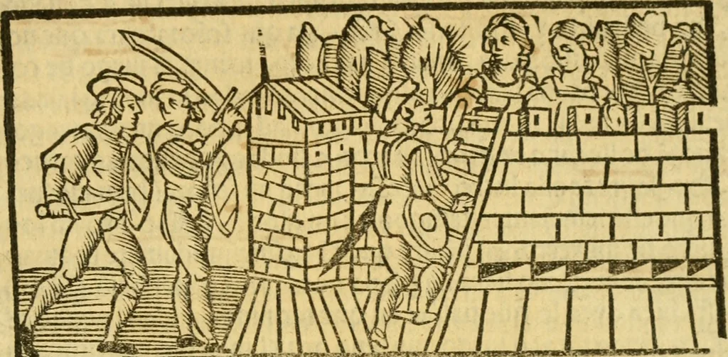 An illustration from Tragicomedia de Calisto y Melibea : en la qual se contiene de mas de su agradable y dulce estilo muchas sentencias filosofales : y avisos muy necessarios para mancebos : mostrandoles los engaños q estan encerrados en seruientes [sic] y alcahuetas : y nuevamente añadidos el tractado de Centurio, 1502, leaf 128