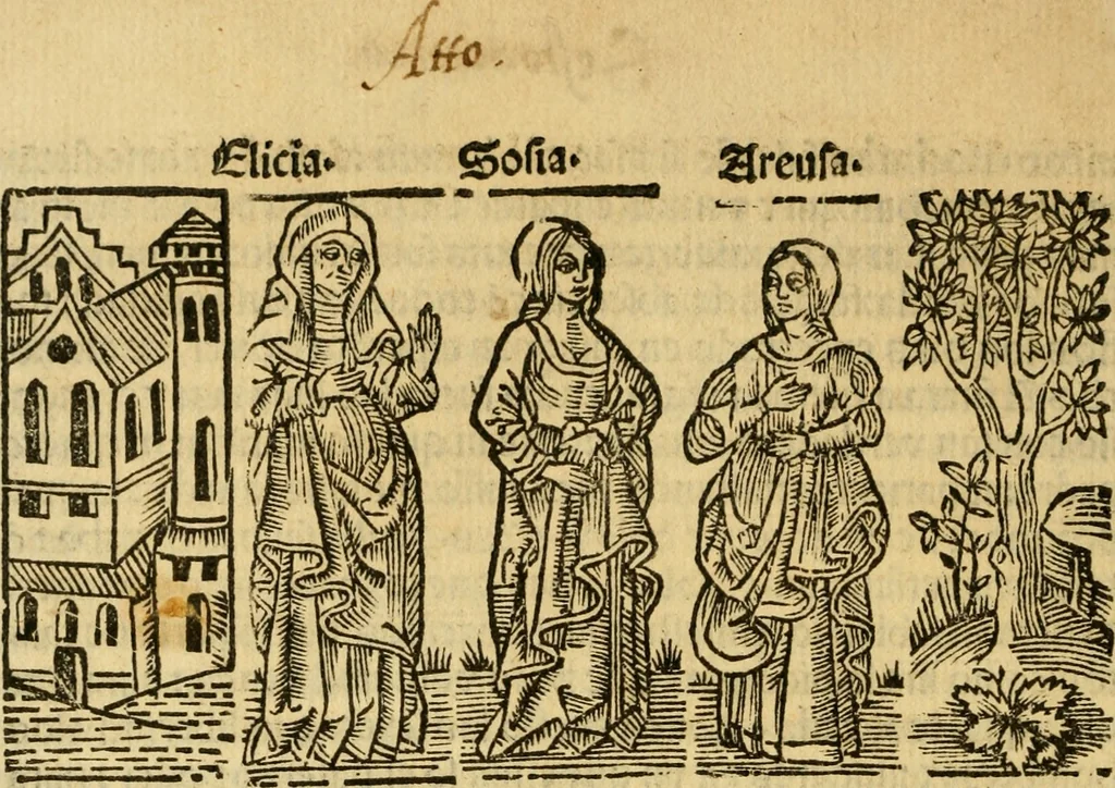 An illustration from Tragicomedia de Calisto y Melibea : en la qual se contiene de mas de su agradable y dulce estilo muchas sentencias filosofales : y avisos muy necessarios para mancebos : mostrandoles los engaños q estan encerrados en seruientes [sic] y alcahuetas : y nuevamente añadidos el tractado de Centurio, 1502, leaf 143