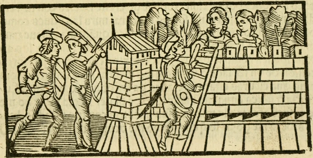 An illustration from Tragicomedia de Calisto y Melibea : en la qual se contiene de mas de su agradable y dulce estilo muchas sentencias filosofales : y avisos muy necessarios para mancebos : mostrandoles los engaños q estan encerrados en seruientes [sic] y alcahuetas : y nuevamente añadidos el tractado de Centurio, 1502, leaf 152