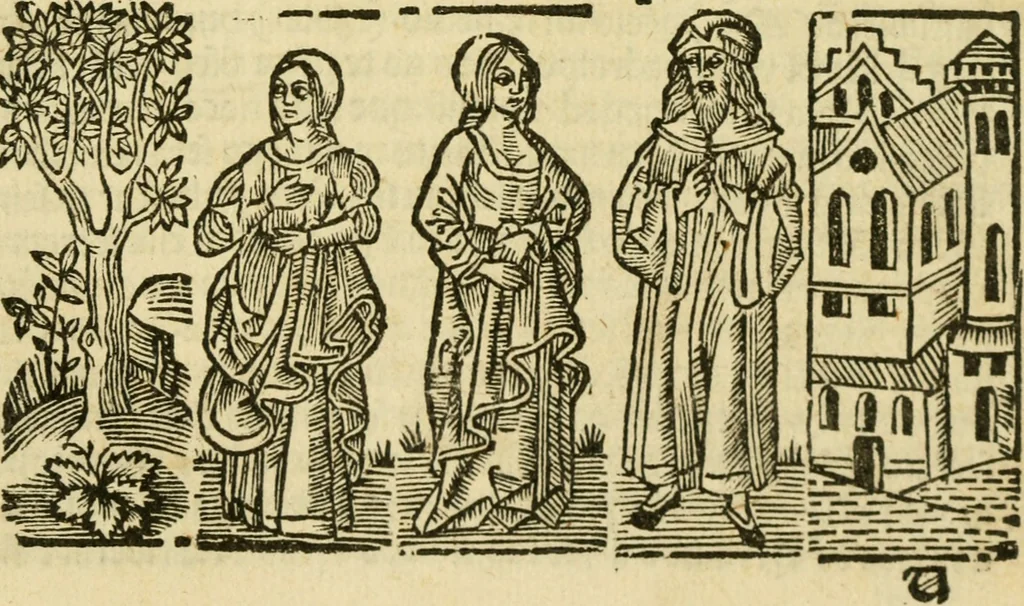 An illustration from Tragicomedia de Calisto y Melibea : en la qual se contiene de mas de su agradable y dulce estilo muchas sentencias filosofales : y avisos muy necessarios para mancebos : mostrandoles los engaños q estan encerrados en seruientes [sic] y alcahuetas : y nuevamente añadidos el tractado de Centurio, 1502, leaf 156