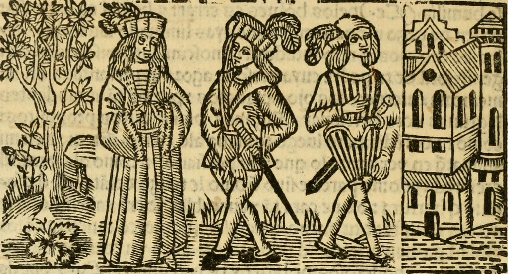 An illustration from Tragicomedia de Calisto y Melibea : en la qual se contiene de mas de su agradable y dulce estilo muchas sentencias filosofales : y avisos muy necessarios para mancebos : mostrandoles los engaños q estan encerrados en seruientes [sic] y alcahuetas : y nuevamente añadidos el tractado de Centurio, 1502, leaf 37