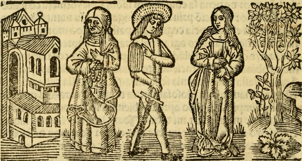 An illustration from Tragicomedia de Calisto y Melibea : en la qual se contiene de mas de su agradable y dulce estilo muchas sentencias filosofales : y avisos muy necessarios para mancebos : mostrandoles los engaños q estan encerrados en seruientes [sic] y alcahuetas : y nuevamente añadidos el tractado de Centurio, 1502, leaf 41