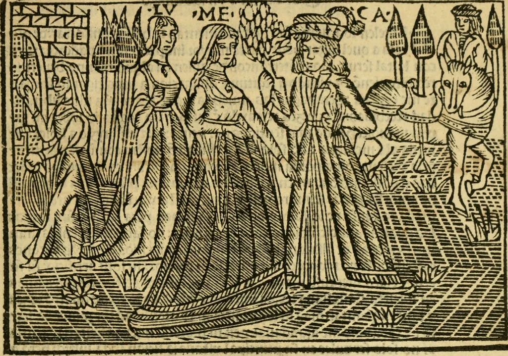 An illustration from Tragicomedia de Calisto y Melibea : en la qual se contiene de mas de su agradable y dulce estilo muchas sentencias filosofales : y avisos muy necessarios para mancebos : mostrandoles los engaños q estan encerrados en seruientes [sic] y alcahuetas : y nuevamente añadidos el tractado de Centurio, 1502, leaf 6